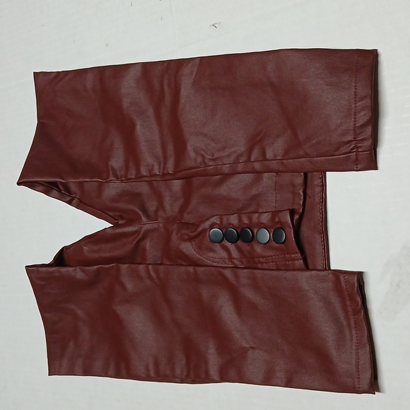 Faux Leather Button-Fly Jeans Pants w/ Pockets Brownish-Red Maroon Burgundy - Picture 9 of 12